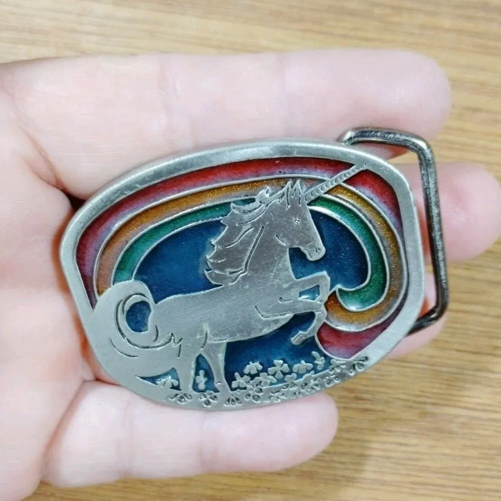 Vintage Unicorn Belt Buckle Rainbow Lucky Clovers Fantasy Magical Mystical